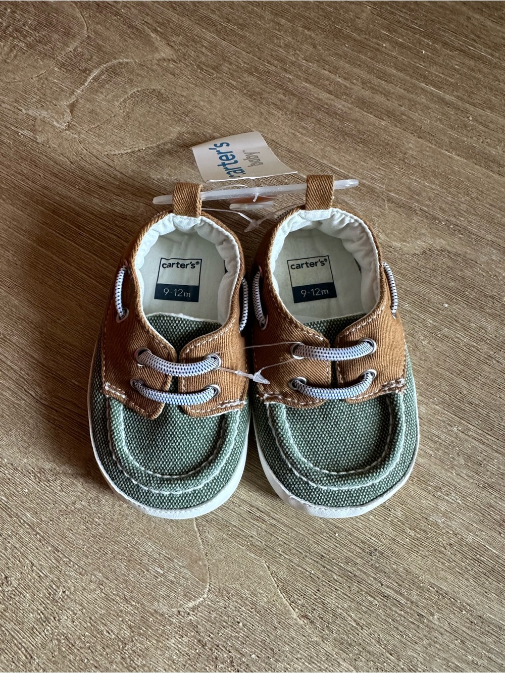 NWT Carter's Green Canvas and Brown Suede-Accent Baby Boat Shoes